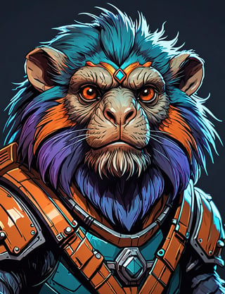 (close up, head and shoulders portrait:1.3), teal and orange gradient , (anthromorphic marmoset manticore :1.6), wearing blue and violet sci-fi polycarbonate armor, (strong outline sketch style:1.5), gritty fantasy, (darkest dungeon art style :1.4), dark muted background, detailed
