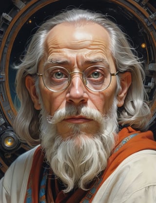 Sci-fi wild eyed wizard wearing half-rim spectacles, looking intently at the viewer, long beard , head and shoulders portrait , hyper-detailed oil painting, art by Greg Rutkowski and (Norman Rockwell:1.5) , illustration style, symmetry , inside alien starship interior , huayu