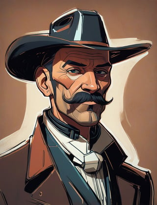 (head and shoulders portrait:1.2), anthropomorphic (cyberpunk cowboy:1.3) man with an amazing handlebar mustache, balding, (outline sketch style:1.5), gritty fantasy, (art by Syd Mead:1.8), dark muted background, muted colors, detailed, 8k