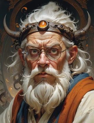 high fantasy world, wild eyed wizard wearing half-rim spectacles, looking intently at the viewer, wild and furious, menacing snarling angry expression, glowing eyes, biomechanical, long beard , head and shoulders portrait , hyper-detailed oil painting, art by Greg Rutkowski and (Norman Rockwell:1.5) , illustration style, symmetry , mideval dungeon setting , huayu