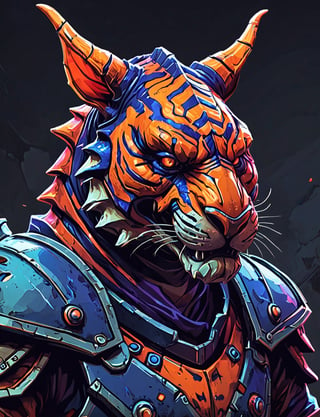 (close up, head and shoulders portrait:1.3), orange and red gradient , (anthromorphic tiger triceritops :1.6), wearing blue and violet sci-fi polycarbonate armor, (strong outline sketch style:1.5), gritty fantasy, (darkest dungeon art style :1.4), dark muted background, detailed