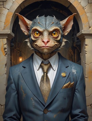 creative magic creature art, creature fusion ( tarsier :0.8) (dragon :1.8), (cyberpunk gear :2), wearing business suit, glowing eyes, head and shoulders portrait , hyper-detailed oil painting, art by Greg Rutkowski and (Norman Rockwell:1.5) , illustration style, symmetry , inside a medieval dungeon, cracked stone walls , huayu