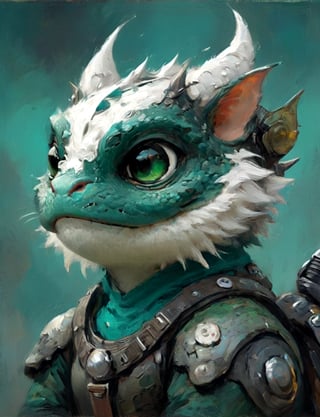 (close up, head and shoulders portrait:1.3), anthromorphic ( toad cat :1.2) dragon, futuristic power armor, bounty hunter , green, teal, white and black color scheme , Disney pixar style