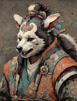 (close up, head and shoulders portrait:1.3), anthromorphic ( coatimundi :1.6), oni_horns, samurai , samurai armor , brown, tangerine, teal , white and black color scheme , (dark background:1.2), Ukiyo-e,ink,colorful,shogun