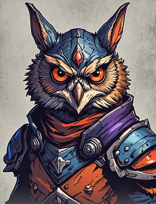 (close up, head and shoulders portrait:1.3), orange and red gradient , (anthromorphic owl toad wolf rabbit :1.6), rabbit ears, wearing blue and violet sci-fi polycarbonate armor, (strong outline sketch style:1.5), gritty fantasy, (darkest dungeon art style :1.4), dark muted background, detailed