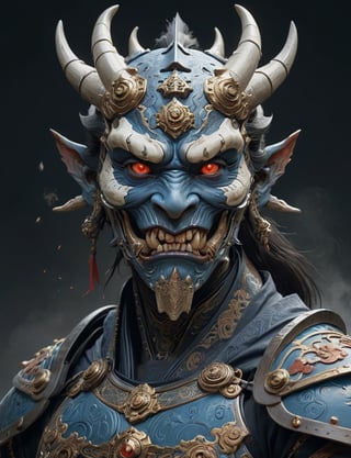 A male, blue phantom, cybernetic robot, biomechanical, painted oni face mask, dragon helm, large sharp teeth, roaring , wearing intricate samurai armor . red eyes, Best quality rendering, serious face expression. Dark night,cinematic lighting,dark art ,Fog, head and shoulders portrait , hyper-detailed oil painting, art by Greg Rutkowski and (Norman Rockwell:1.5) , illustration style, symmetry , mideval dungeon setting , huayu