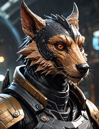 (head and shoulders portrait:1.2), Sci-Fi. (anthropomorphic manticore jackal :1.3), athletic build. wearing futuristic and highly cybernetic black armor. Inspired by the art of Destiny 2 and the style of Guardians of the Galaxy
