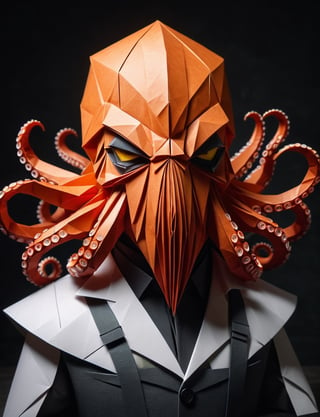 (head and shoulders portrait:2), (angry glaring villian paper octopus:2), menacing expression, wearing super hero outfit, made out of folded paper, origami,  light and delicate tones, clear contours, cinematic quality, dark background, highly detailed, chiaroscuro, ral-orgmi