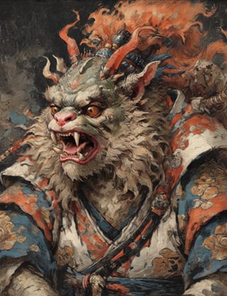 (close up, head and shoulders portrait:1.3), anthromorphic ( manticore toad :1.6), oni_horns, samurai , samurai armor , brown, tangerine, sapphire , white and black color scheme , (dark background:1.2), Ukiyo-e,ink,colorful,shogun