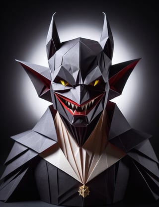 (head and shoulders portrait:2), (angry glaring villian paper vampire bat:2), menacing expression, wearing super hero outfit, made out of folded paper, origami,  light and delicate tones, clear contours, cinematic quality, dark background, highly detailed, chiaroscuro, ral-orgmi