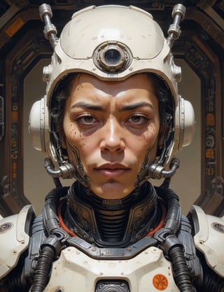 Sci-fi samurai cyborg wear full power armor , head and shoulders portrait , hyper-detailed oil painting, art by Greg Rutkowski and (Norman Rockwell:1.5) , illustration style, symmetry , inside alien starship interior , huayu