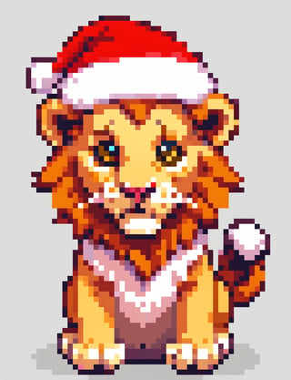 A cute lion wearing Santa hat, close up, pixel art, PixArFK, ,Pixel Art
