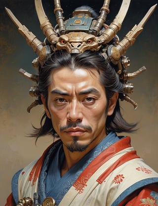 Sci-fi shogun samurai , head and shoulders portrait , hyper-detailed oil painting, art by Greg Rutkowski and (Norman Rockwell:1.5) , illustration style, symmetry , inside alien starship interior , huayu