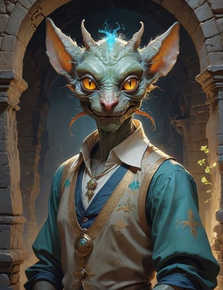 creative magic creature art, anthropomorphic creature fusion ( kobold :1.6) (alien :1.8), female, prominent eyelashes, (bioluminescence :2), wearing business blouse , glowing eyes, head and shoulders portrait , hyper-detailed oil painting, art by Greg Rutkowski and (Norman Rockwell:1.5) , illustration style, symmetry , inside a medieval dungeon, cracked stone walls , huayu