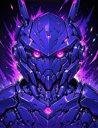 head and shoulder portrait, 1 fish robot, (solo robot:2) , mechanical features, mechanical joints, fantasy, dark background, giant robot, violet and blue color scheme, symmetrical features