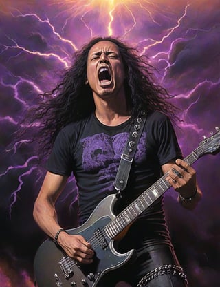 (head and shoulders portrait:1.2), Kirk Hammett, a heavy metal guitarist, (playing guitar:1.2), performing on stage, long curley black hair, wearing black t-shirt, metal studs, chains, looking at the camera, yelling, purple smoke and lightning background,  surreal fantasy, close-up view, chiaroscuro lighting, no frame, hard light, art by Zdzisław Beksiński,digital artwork by Beksinski