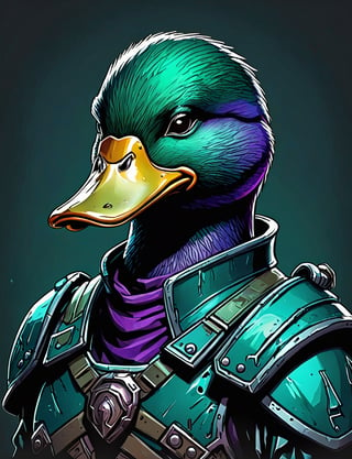 (close up, head and shoulders portrait:1.3), teal and green gradient , (anthromorphic duck :1.6), wearing blue and violet sci-fi polycarbonate armor, (strong outline sketch style:1.5), gritty fantasy, (darkest dungeon art style :1.4), dark muted background, detailed