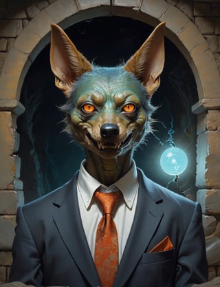 creative magic creature art, creature fusion ( goblin :2) (jackal :1.8), (bioluminescence :2), wearing business suit, glowing eyes, head and shoulders portrait , hyper-detailed oil painting, art by Greg Rutkowski and (Norman Rockwell:1.5) , illustration style, symmetry , inside a medieval dungeon, cracked stone walls , huayu