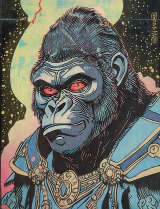 (head and shoulders portrait:1.2), (anthropomorphic gorilla :1.3) as a warrior , zorro mask, holographic glowing eyes, wearing sci-fi outfit , surreal fantasy, close-up view, chiaroscuro lighting, no frame, hard light,Ukiyo-e