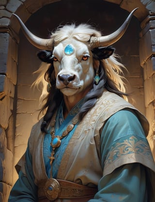 creative magic creature art, anthropomorphic creature fusion ( yak :1.6) (crow :1.8), female, prominent eyelashes, (bioluminescence :2), wearing business blouse , glowing eyes, head and shoulders portrait , hyper-detailed oil painting, art by Greg Rutkowski and (Norman Rockwell:1.5) , illustration style, symmetry , inside a medieval dungeon, cracked stone walls , huayu