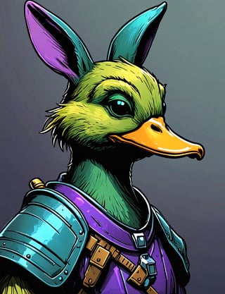 (close up, head and shoulders portrait:1.3), yellow and green gradient , (anthromorphic duck rabbit :1.6), rabbit ears, wearing blue and violet sci-fi polycarbonate armor, (strong outline sketch style:1.5), gritty fantasy, (darkest dungeon art style :1.4), dark muted background, detailed