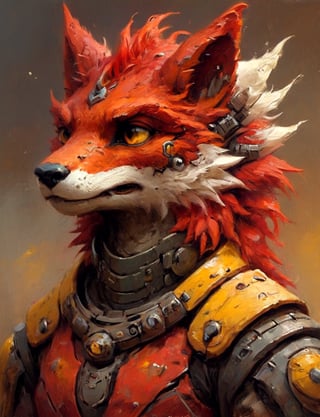 (close up, head and shoulders portrait:1.3), anthromorphic fox dragon, futuristic power armor, bounty hunter , red and yellow color scheme , Disney pixar style