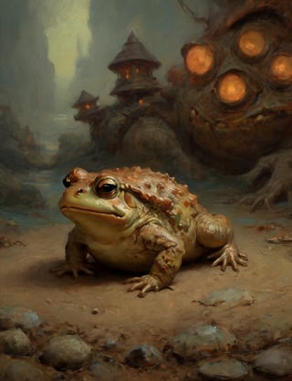 (close up, head and shoulders portrait:1.3), (anthromorphic toad:1.6), "The overall effect is a blend of impressionism and abstraction, creating a rich, immersive setting that complements the selective focus on the alien princess in the foreground. The scene should feature a realist selective focus on main subject. In contrast, the background should transition into an abstract, painterly environment. The atmosphere should be hazy and diffuse, contributing to an ethereal and somewhat dystopian feel. Indistinct forms and shapes in the background should suggest a throne room or audience chamber, possibly people, rendered in a loose, impressionistic style to emphasize mood and atmosphere over detailed realism. The colors in the background include shades of rich, vibrant hues with dramatic contrasts, featuring deep, earthy tones and vivid highlights, blending seamlessly with cooler hues like blues and greys. Use muted accents like rusty orange-yellows, and rusty teals to highlight tiny areas and add visual interest. Use this blend of subdued and bold colors to emphasize the gritty nature of the scene."