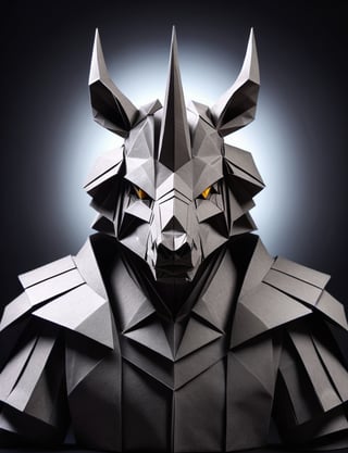 (head and shoulders portrait:2.5), (angry glaring villian paper rhino warrior :2), menacing expression, wearing paper armor , made out of folded paper, origami,  light and delicate tones, clear contours, cinematic quality, dark background, highly detailed, chiaroscuro, ral-orgmi