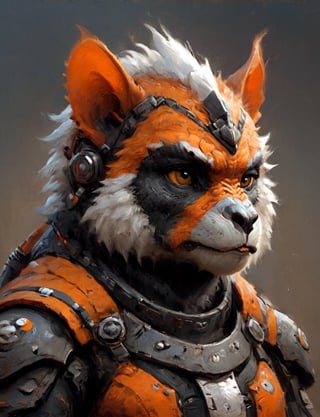 (close up, head and shoulders portrait:1.3), anthromorphic (gorilla cat :1.2) dragon, futuristic power armor, bounty hunter , orange and white and black color scheme , Disney pixar style