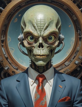 Sci-fi mars attacks alien wearing a business suit, head and shoulders portrait , hyper-detailed oil painting, art by Greg Rutkowski and (Norman Rockwell:1.5) , illustration style, symmetry , inside alien starship interior , huayu