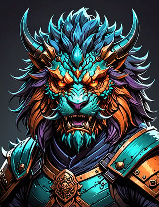 (close up, head and shoulders portrait:1.5), orange, teal, blue, violet gradient , (anthromorphic manticore :1.5), samurai wearing samurai armor, (strong outline sketch style:1.5), symmetrical features, gritty fantasy, (darkest dungeon art style :1.4), dark muted background, detailed