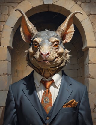 creative magic creature art, creature fusion ( gopher :1.4) (reptile :1.8), (horns :2), wearing business suit, glowing eyes, head and shoulders portrait , hyper-detailed oil painting, art by Greg Rutkowski and (Norman Rockwell:1.5) , illustration style, symmetry , inside a medieval dungeon, cracked stone walls , huayu