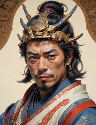 Sci-fi shogun samurai , head and shoulders portrait , hyper-detailed oil painting, art by Greg Rutkowski and (Norman Rockwell:1.5) , illustration style, symmetry , inside alien starship interior , huayu