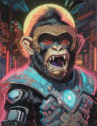 (head and shoulders portrait:1.2), (anthropomorphic howler monkey :1.3) as a warrior , zorro mask, holographic glowing eyes, wearing sci-fi outfit , surreal fantasy, close-up view, chiaroscuro lighting, no frame, hard light,Ukiyo-e