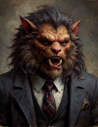 head and shoulders portrait, anthromorphic manticore , a hard-boiled atmosphere, a trench coat, a tie