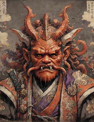 (close up, head and shoulders portrait:1.3), (anthromorphic Cthulhu  :1.6), floating mask, oni_horns, samurai , samurai armor , brown, tangerine, violet , white and black color scheme , (dark background:1.2), Ukiyo-e,ink,colorful,shogun