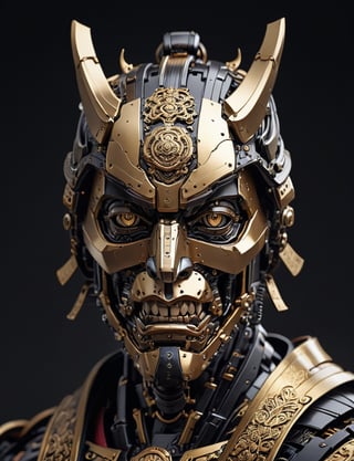 A male, a (robot samurai :3), face made of metal, gold and black , precious jewels, dark background, head and shoulders portrait , cell shading , hyper-detailed comic book art style , illustration style, art by Darius Puia BakaArts, symmetry , sci-fi interior setting 