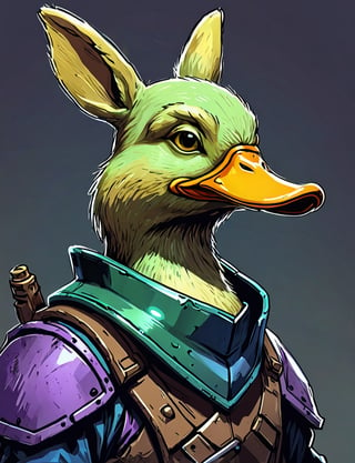 (close up, head and shoulders portrait:1.3), yellow and green gradient , (anthromorphic duck rabbit :1.6), rabbit ears, wearing blue and violet sci-fi polycarbonate armor, (strong outline sketch style:1.5), gritty fantasy, (darkest dungeon art style :1.4), dark muted background, detailed