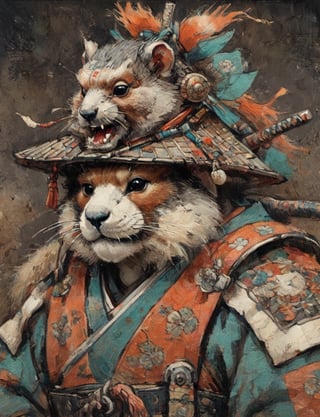 (close up, head and shoulders portrait:1.3), anthromorphic ( marmot :1.6), oni_horns, samurai , samurai armor , brown, tangerine, teal , white and black color scheme , (dark background:1.2), Ukiyo-e,ink,colorful,shogun