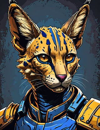 (close up, head and shoulders portrait:1.3), yellow and orange, (anthromorphic serval:1.6), wearing blue and violet sci-fi polycarbonate armor, (strong outline sketch style:1.5), gritty fantasy, (darkest dungeon art style :1.4), dark muted background, detailed