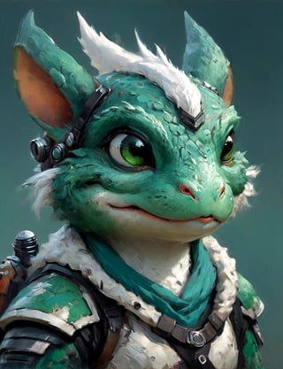 (close up, head and shoulders portrait:1.3), anthromorphic ( frog rabbit :1.2) dragon, futuristic power armor, bounty hunter , green, teal, white and black color scheme , Disney pixar style