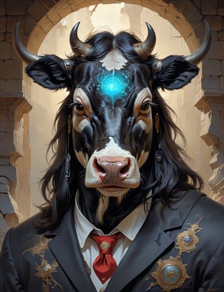 creative magic creature art, creature fusion ( raven :1.6) (cow :1.8), female, prominent eyelashes, (bioluminescence :2), wearing business attire , glowing eyes, head and shoulders portrait , hyper-detailed oil painting, art by Greg Rutkowski and (Norman Rockwell:1.5) , illustration style, symmetry , inside a medieval dungeon, cracked stone walls , huayu