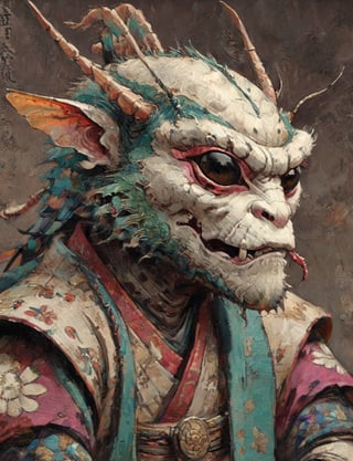 (close up, head and shoulders portrait:1.3), anthromorphic ( mantis insect :1.6), oni_horns, samurai , samurai armor , brown, violet, teal , white and black color scheme , (dark background:1.2), Ukiyo-e,ink,colorful,shogun