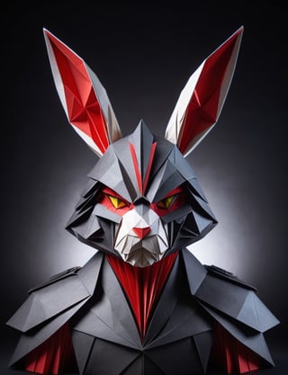 (head and shoulders portrait:2), (angry glaring villian paper rabbit:2), menacing expression, wearing super hero outfit, made out of folded paper, origami,  light and delicate tones, clear contours, cinematic quality, dark background, highly detailed, chiaroscuro, ral-orgmi