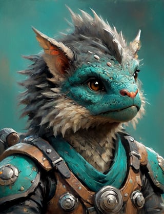 (close up, head and shoulders portrait:1.3), anthromorphic (marmoset :1.2) dragon, futuristic power armor, bounty hunter , brown and teal and black color scheme , Disney pixar style