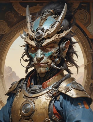 Sci-fi samurai cyborg wear full dragon power armor , head and shoulders portrait , hyper-detailed oil painting, art by Greg Rutkowski and (Norman Rockwell:1.5) , illustration style, symmetry , inside alien starship interior , huayu