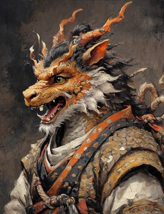 (close up, head and shoulders portrait:1.3), anthromorphic ( markhor :1.2) dragon, samurai , black samurai armor, brown, yellow orange , white and black color scheme , (dark background:1.2), Disney pixar style,Ukiyo-e,ink,colorful,shogun