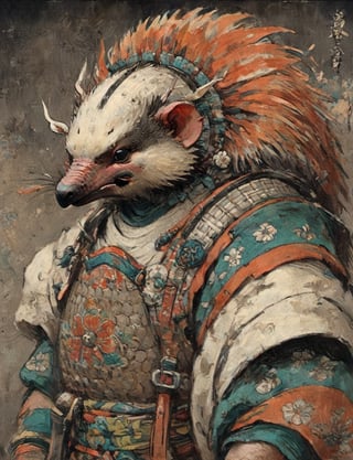 (close up, head and shoulders portrait:1.3), anthromorphic ( echidna :1.6), oni_horns, samurai , samurai armor , brown, tangerine, teal , white and black color scheme , (dark background:1.2), Ukiyo-e,ink,colorful,shogun