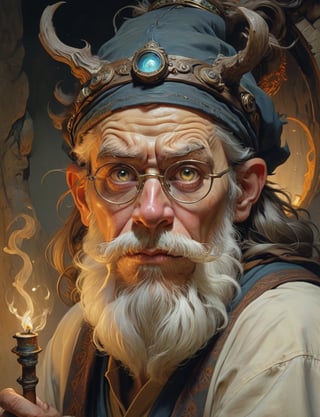 high fantasy world, wild eyed wizard wearing half-rim spectacles, looking intently at the viewer, menacing angry expression, glowing eyes, biomechanical, long beard , head and shoulders portrait , hyper-detailed oil painting, art by Greg Rutkowski and (Norman Rockwell:1.5) , illustration style, symmetry , mideval dungeon setting , huayu