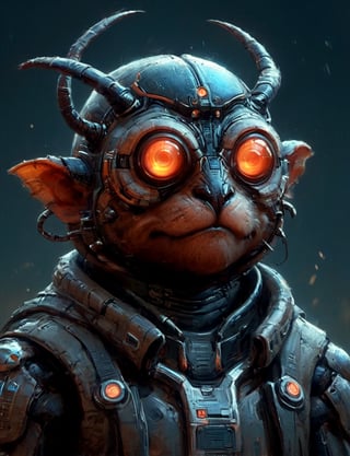 (close up, head and shoulders portrait:1.3), anthromorphic, High tech cybernetic (tarsier:1.2) (beetle:1.7), multi Eyes,Glowing mechanical eyes, high-tech cybernetic body, futuristic power armor, bounty hunter ,xl_cpscavred,mad-cyberspace,cyberpunk